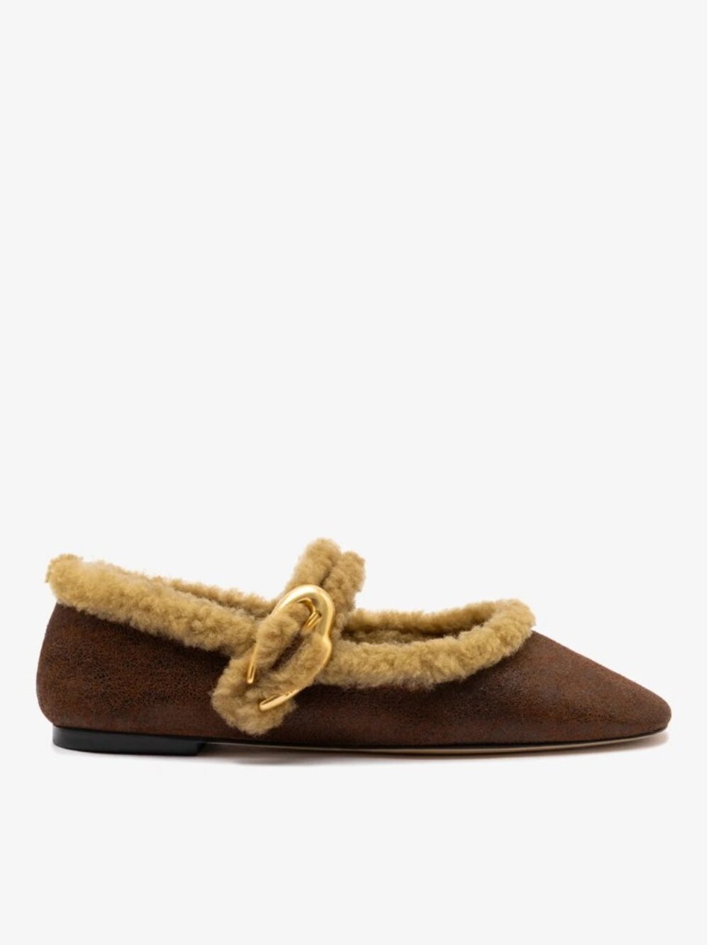 Larroude Verona Ballet Flats Cocoa Brown Leather Natural Shearling Mary Jane NWT - Picture 2 of 7